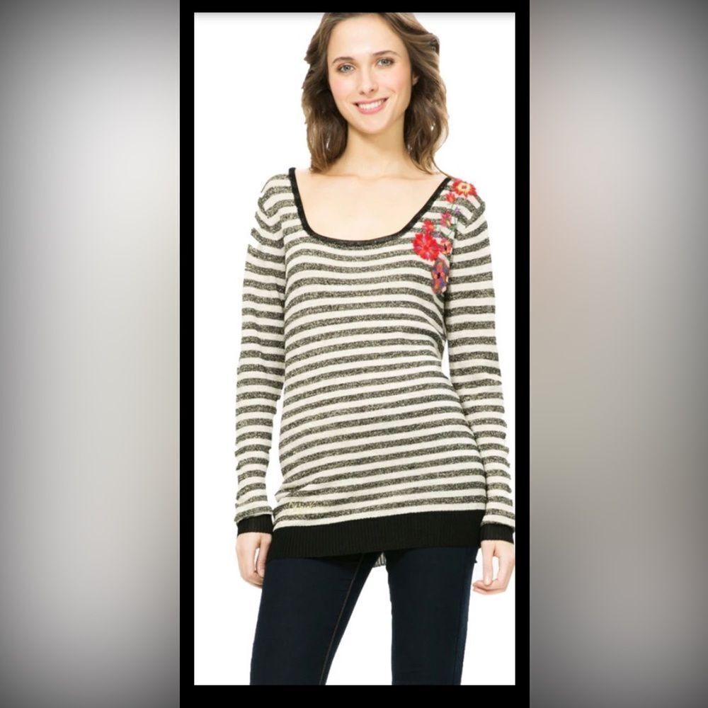 Desigual Chic Striped Sweater with Red Floral Detail, M